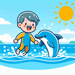 Cartoon illustration of a boy playing with dolphins on the beach