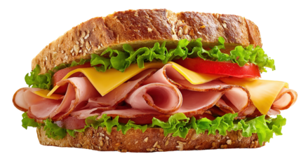 Delicious grilled chicken sandwich recipe with fresh arugula tomato and onion on toasted bread recipe on transparent background