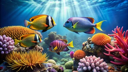 Fototapeta premium Vibrant Reef Inhabitants A Colorful Underwater Scene Featuring Diverse Tropical Fish and Coral