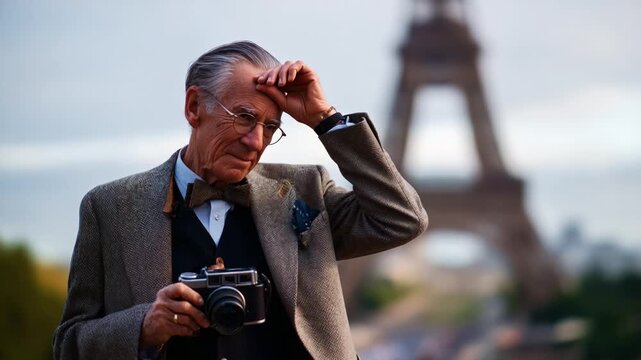 An Elderly Photographer Gaze at the Eiffel Tower: Capturing Moments of Beauty and Reflection in the Heart of Paris, a Timeless Journey of Art and Emotion