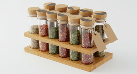 gourmet spice tube set in bamboo rack with blank logo tag isolated on white background for home storage solutions decoration purposes