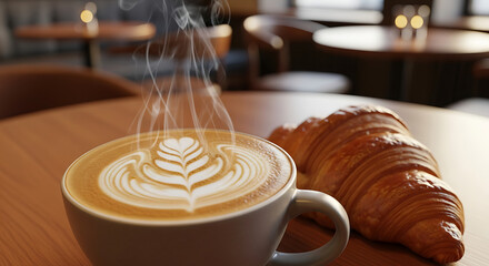 A cup of coffee with latte art and a croissant on a wooden table in a cafe setting with soft lighting