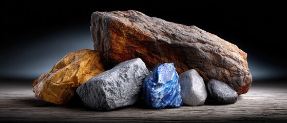 minerals rock background concept. A collection of various textured rocks arranged artistically on a surface.