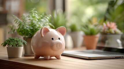 Financial literacy and money management illustrated with piggy bank laptop and greenery