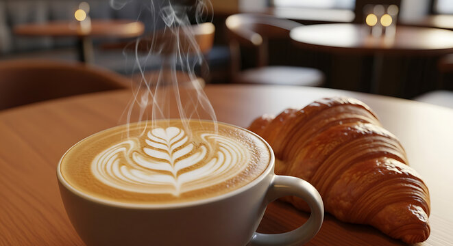 A cup of coffee with latte art and a croissant on a wooden table in a cafe setting with soft lighting