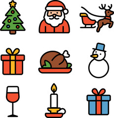 Christmas icon pack with santa, a tree and more. Suitable for holiday cards, social media posts, and festive marketing materials.