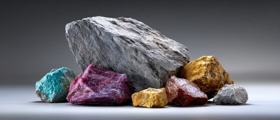 minerals rock background concept. Various colorful rocks and minerals arranged artistically on a smooth surface.