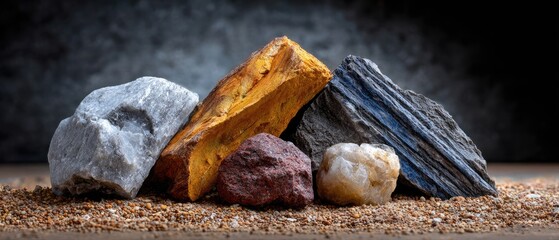 minerals rock background concept. Natural rock formation displayed on a textured surface against a dark background.