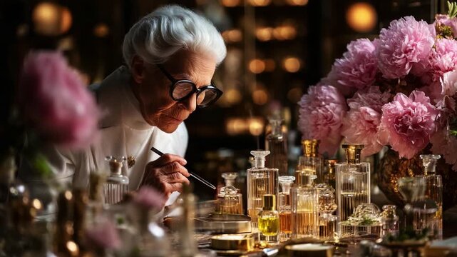 A Skilled Artisan Engaged in the Art of Crafting Fragrances Surrounded by Beautiful Floral Arrangements and Intricate Glass Bottles in a Warmly Lit Workshop Setting