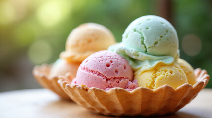 Colorful sweet ice cream scoop dessert in waffle bowl. delightful cold food for happy summer day refreshment