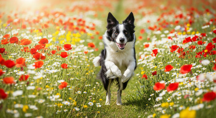 chien dans un champ de fleurs