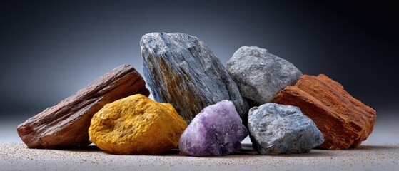 minerals rock background concept. A collection of various textured rocks arranged on a surface.