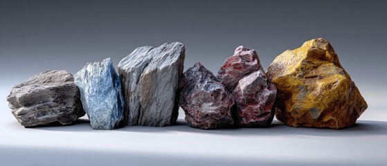 minerals rock background concept. Various textured rocks displayed in a line on a neutral background.