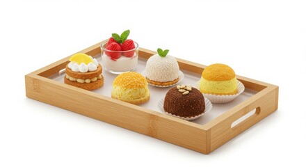 high-end dessert platter in frosted bamboo tray isolated on white background for food or dessert presentation