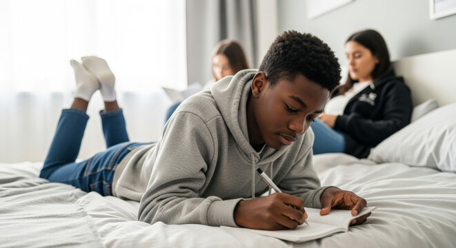 Teenagers studying together in cozy bedroom, with one focused on writing in notebook while others read in background, creating collaborative and relaxed atmosphere