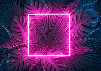 Creative fluorescent color layout made of tropical leaves with neon light square. Flat lay. Nature concept.