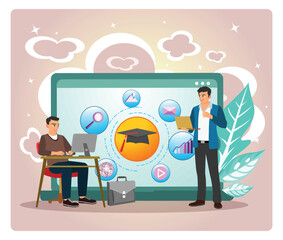 Digital classroom concept  With Students, Teacher, and Graduation Icons on a Large Screen.