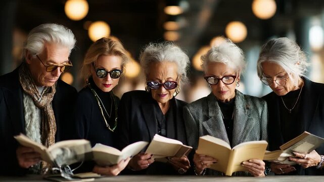 A Stylish Gathering of Senior Women Engaged in Reading, Showcasing Literature and Connection in a Poignant Moment of Reflection and Shared Interests