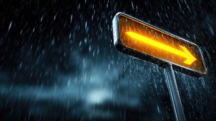 Illuminated Road Sign in Rain: An illuminated road sign glows brightly amidst a heavy downpour, its arrow pointing forward, symbolizing direction, guidance, and the path ahead.