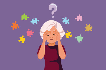 Confused Senior Woman Suffering Degenerative Cognitive Disease Vector Illustration. Elderly person suffering memory lapses more and more frequently
