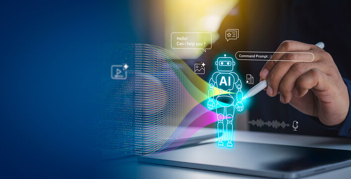 AI agent, holographic robot assistant concept, digital interface showing generative AI functions for digital business productivity, AI agent work with holographic robot interface and assistant tools
