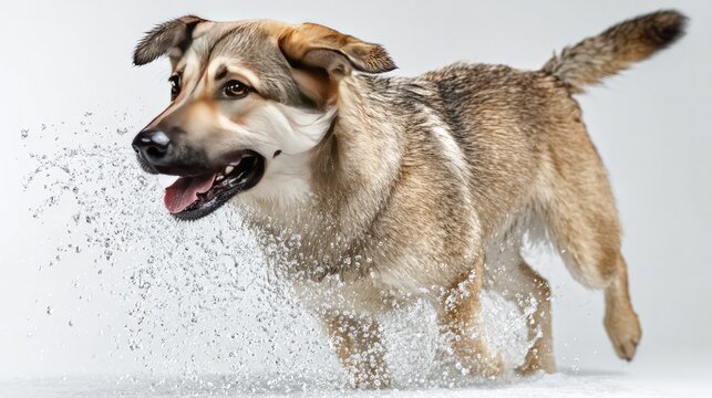 Dog's Playful Splash: A spirited dog joyfully frolics through the water, creating a dynamic splash that embodies happiness and pure energy.
