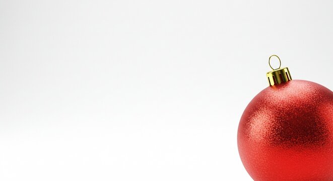A shiny,vibrant red ornament sits on bright white surface,its golden cap glimmering with promise of holiday cheer.Christmas and new year mood,copy space.