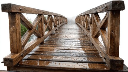 Obraz premium Wooden Bridge: An inviting wooden bridge, crafted with sturdy beams and elegant railings, gracefully spans a serene waterscape, inviting exploration and offering a passage to tranquility.