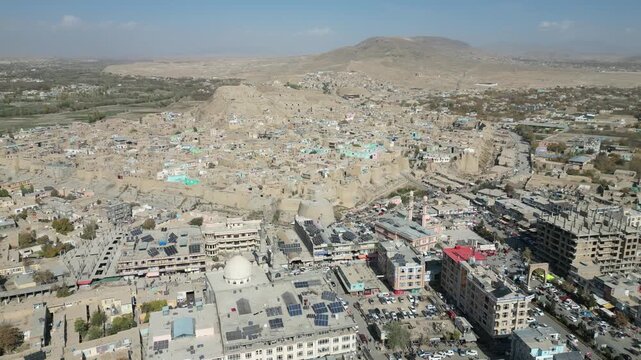 Aerial drone View Of Ghazni City And Historic Citadel In Afghanistan. Silk road hub
