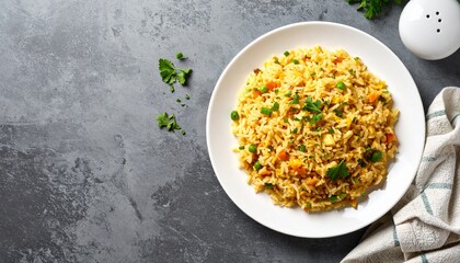 Top View Of Fried Rice On A White Plate Against A Grey Background.