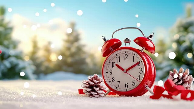Red alarm clock winter snow pine cone holiday ribbon festive bokeh sunrise light outdoor scene countdown new year christmas mood seasonal decor
