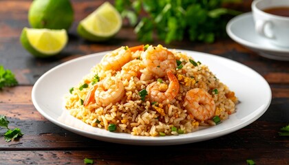 Shrimp Fried Rice On A White Plate On A Wooden Table