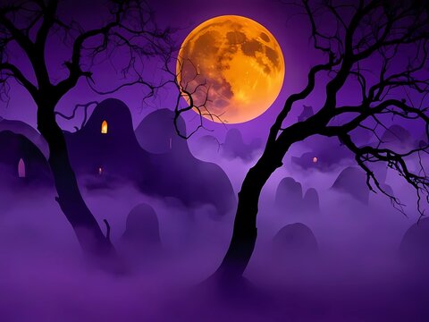 Whispers of the Pumpkin Moon" Abstract Halloween night where the moon melts into flowing orange and violet shapes