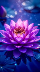 Obraz premium Purple water lily blooms under a shimmering surface in a tranquil pond during a peaceful afternoon