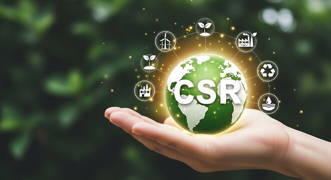 Hand holding green earth with csr icons corporate social responsibility