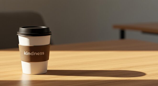 Sunlight streams across the wooden table,illuminating a cup of coffee adorned with reminder to practice kindness each day.Christmas and new year mood,copy space.