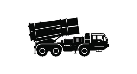Military rocket launcher vehicle in a stark black silhouette against a white background representing power and defense silhouette