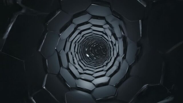 Seamlessly Looping Metallic Grey Hexagon Tunnel Slowly Rotating in an Industrial Style dark, screensaver, Seamlessly Looping Metallic Grey Hexagon Tunnel