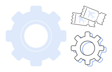 Gear elements beside airplane tickets representing travel planning, innovation, efficiency, and global connectivity. Ideal for travel, automation, logistics, engineering, productivity teamwork