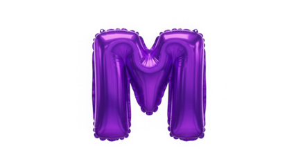 Shiny purple balloon letter m floating isolated on a black background for marketing isolated on transparent background