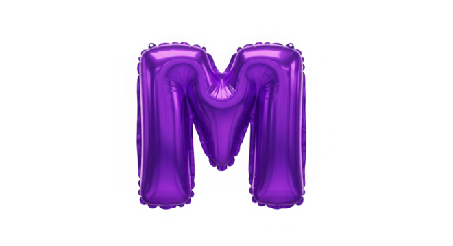 Shiny purple balloon letter m floating isolated on a black background for marketing isolated on transparent background - Powered by Adobe