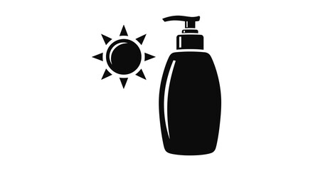 Sunscreen bottle and sun icon in a simple black silhouette representing sun protection and summer care