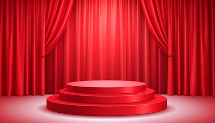 Red Stage With Curtains And Podium.