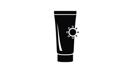 A black silhouette of a sunscreen tube with a sun icon on its side representing sun protection and skincare