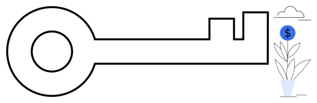 Bold key outline next to a plant bearing a blue dollar coin, representing growth, investment, opportunity, and success. Ideal for finance, security, innovation, strategy savings entrepreneurship