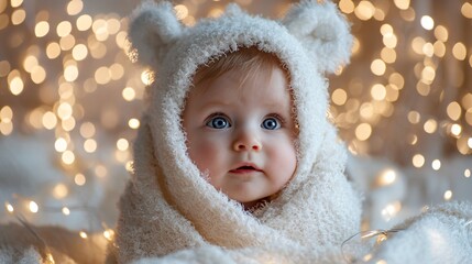 Close up portrait of a baby wearing a fluffy hooded blanket with ear details surrounded by bokeh lights
