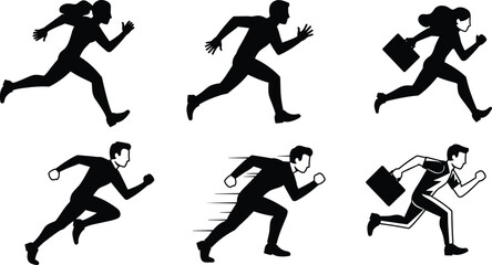 Running silhouettes, business urgency, athletic sprint, motion lines, handbag runners, black and white figures, dynamic movement, speed concept, urgency illustration, pose