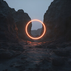 Rocky Structures with a Glowing Ring, "Glowing Ring Between Rocks", "Mysterious Portal in the Rocks", "Rocky Landscape with Portal", "Orange Ring in Rocky Canyon", "Sci-Fi Portal in Rocks", "Mysteriou