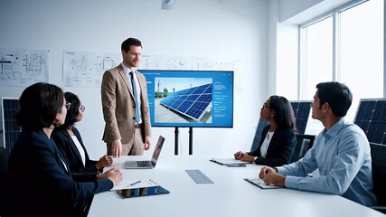 Business meeting discussing solar panel technology and renewable energy solutions. - Powered by Adobe