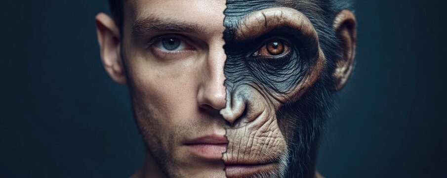 Human-chimp hybrid face, close-up portrait, dark background, evolution concept
